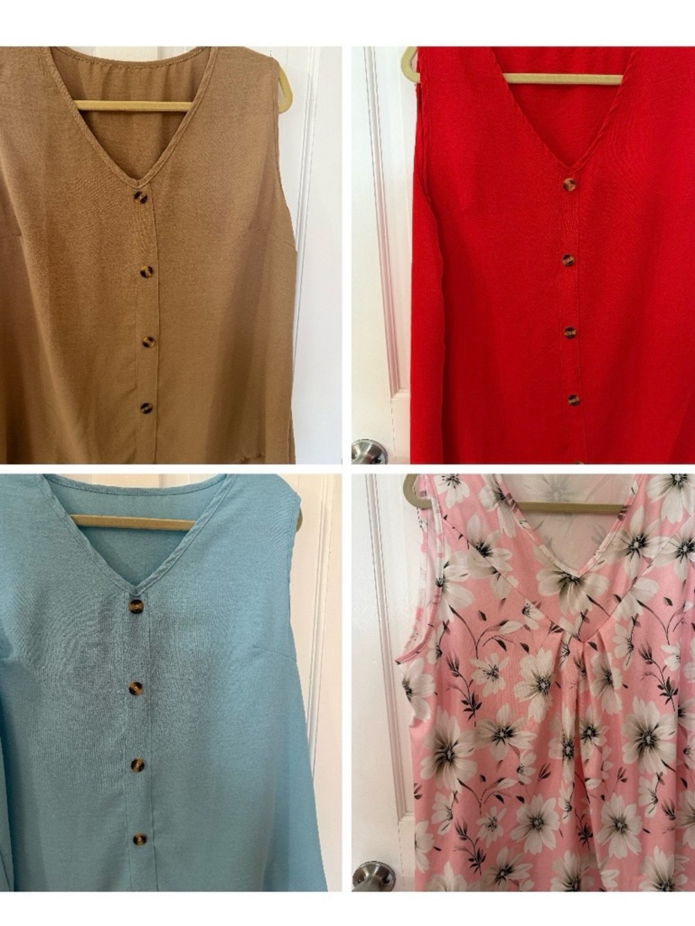 4- Sleeveless Button-Front Tops - Camel, Red, Aqua & Pink Floral